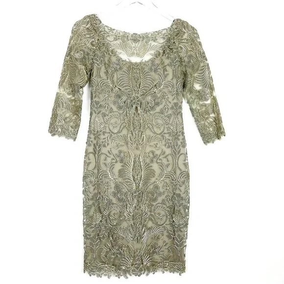 NWT Tadashi Shoji Dress Corded Embroidery On Tulle 3/4 Sleeve. Smoke Pearl Sz 2P